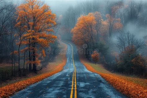 Winding Country Road Disappearing Into Dense Morning Fog Lined With