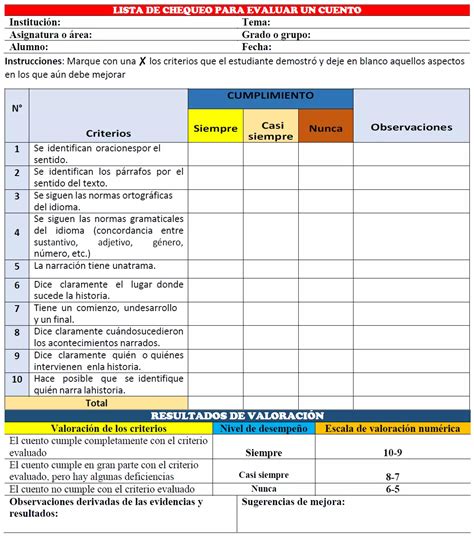 Lista De Cotejo Para Evaluar Un Cuento