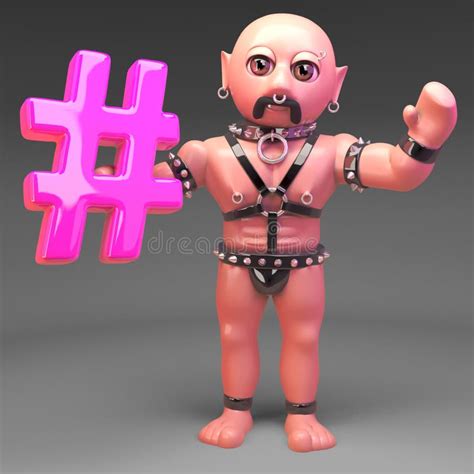 Cheerful Gay Bondage Slave Man Waves While Holding Hashtag Symbol D Illustration Stock