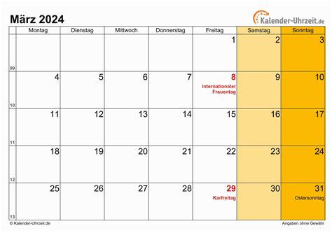 März 2024 Kalender mit Feiertagen