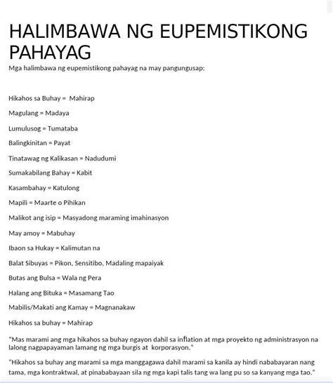 Mga Halibmawa Ng Eupemistikong Pahayag Brainly Ph