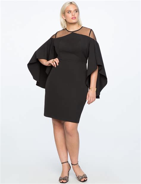 Eloquii Drama Sleeve Dress With Sheer Detail Black Plus Size Black