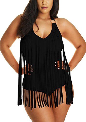Pretty Plus Size Tassel Fringe Padded Bikini Bandeau One Piece Swimsuits Black Asian XXXL US XXL