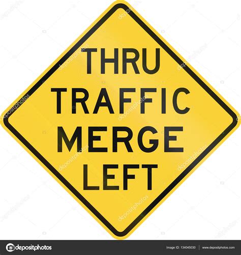 United States MUTCD road sign - Thru traffic merge left — Stock Photo ...