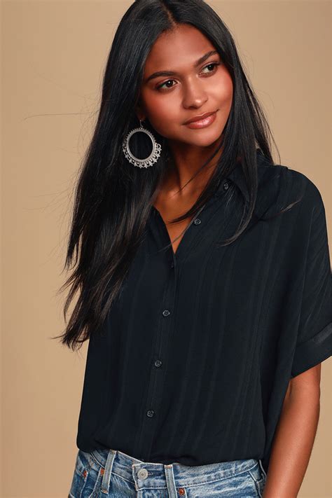 Cute Black Tee Button Up Top Short Sleeve Top Collared Top Lulus