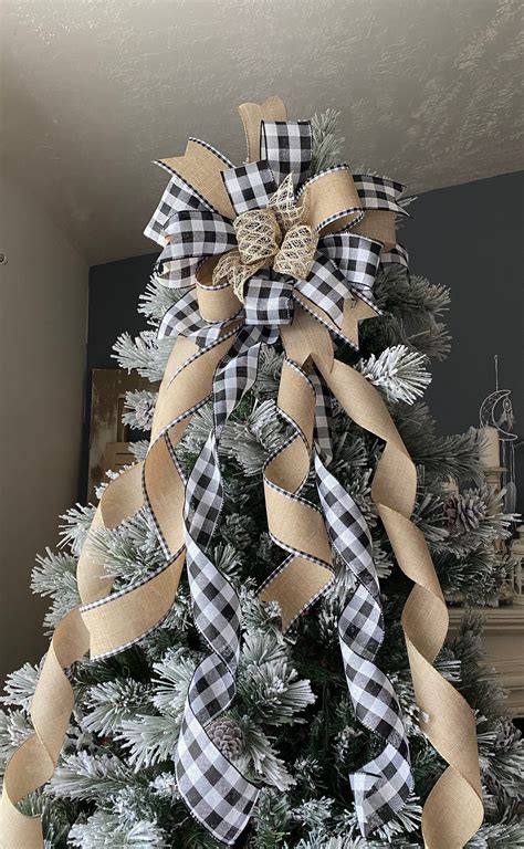 Rustic Christmas Tree Bow Farmhouse Bow Plaid Tree Topper Black Buffalo