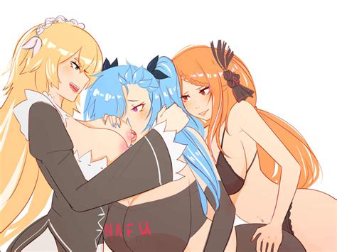 Rule 34 3girls Akeno Itsnafulol Apron Blonde Hair Blue Hair Blush