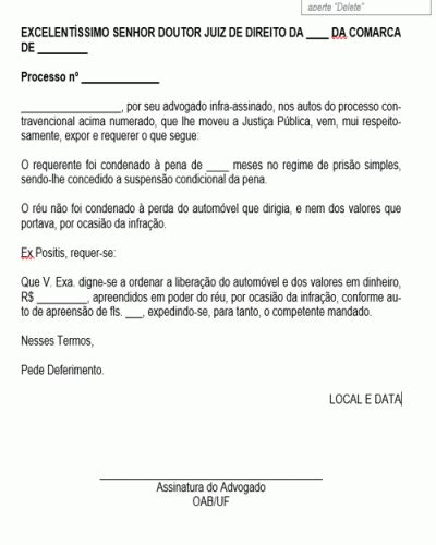 Referência para Petição Pedido Liberação de Automóvel Modelo Gratuito