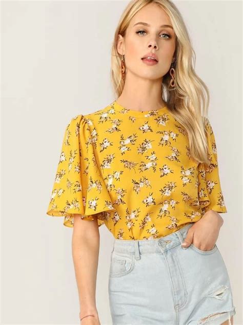 SHEIN Zip Back Flutter Sleeve Ditsy Floral Top Floral Tops Blouses