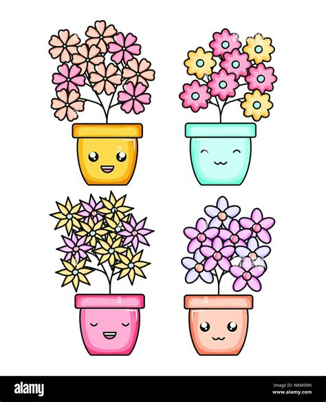 Set Of Garden Plants In Pots Kawaii Characters Vector Illustration