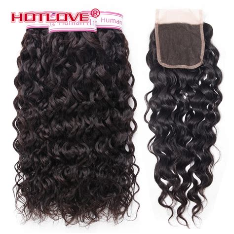 Hotlove Hair Water Wave Bundles With Closure Free Part Natural Black