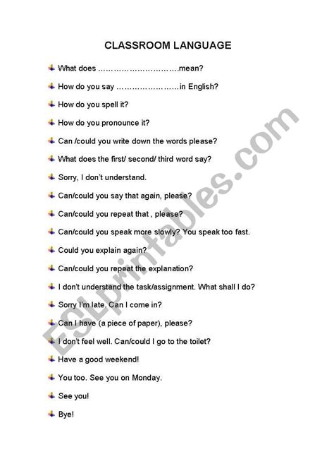 English Worksheets Classroom Language