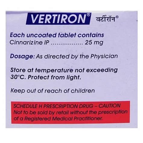 Vertiron Cinnarizine 25 Mg Tablets For Hospital Packaging Type Box