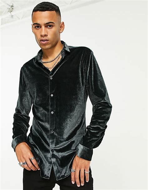 Asos Design Skinny Velvet Shirt In Charcoal Asos