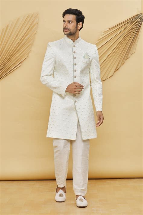 Buy Cream Art Silk Embroidered Floral Sherwani Set For Men By Khwaab By