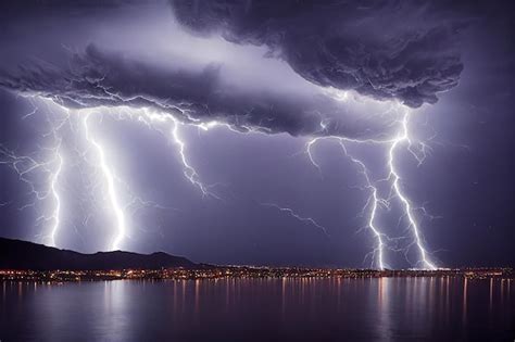 Tormenta con relámpagos en el cielo tormentoso sobre la ciudad clima