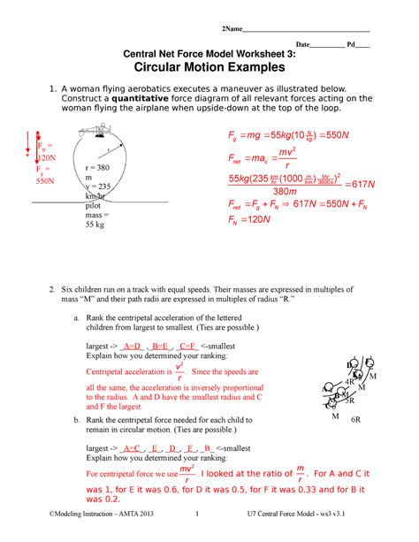 Circular Motion W3 Answers 2Name Date Pd Central Net Force