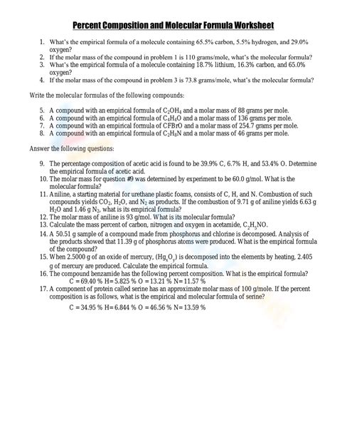 Free Empirical Molecular Formula Practice Worksheets