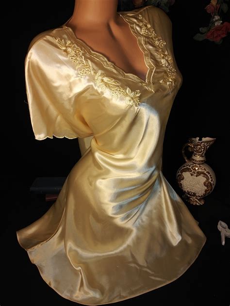 Vtg Satin Shiny Yellow Nightie Gown Liquid Satin Lingerie Sexy Etsy