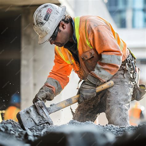 Construction worker in hard hat and safety vest using a pickaxe to