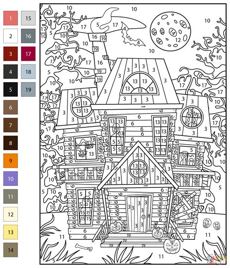 Haunted House Color by Number | Free Printable Coloring Pages