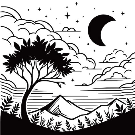 Paisagem Preto E Branco Desenho - Um desenho preto e branco de uma paisagem com uma árvore e uma tenda ...