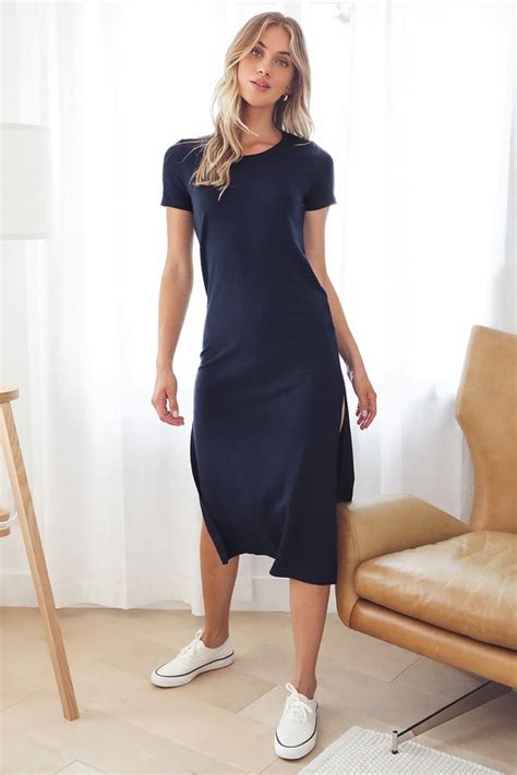 Navy Blue Midi Dress Short Sleeve Dress Midi T Shirt Dress Lulus