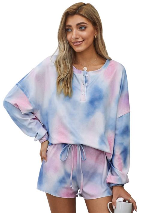 Meegsking Women Tie Dye Pajama Set Printed Loungewear Long Sleeve Tops