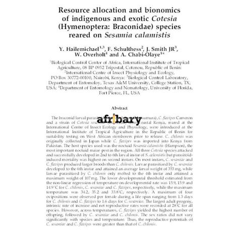 Resource allocation and bionomics of indigenous and exotic Cotesia (Hymenoptera: Braconidae ...