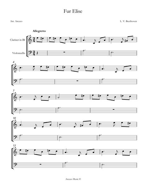 Beethoven Fur Elise Clarinet And Cello Sheet Music Arr Arezzo Music By L V Beethoven Sheet