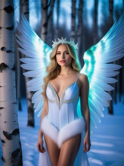 Young Sexy Angel Woman In A Snowy Birch Forest Pincel