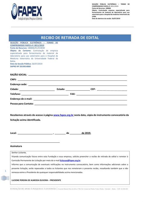 PDF RECIBO DE RETIRADA DE EDITAL Fapex A Fonte De Recursos