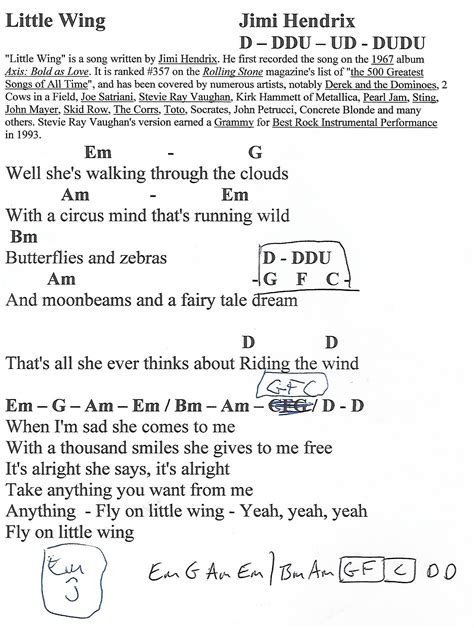 Little Wing (Hendrix) Guitar Chord Chart with Lyrics - http://www ...