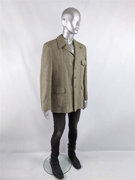 Mens Vintage Half Norfolk Herringbone Wool Tweed Jacket Coat 1970s For