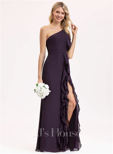 A Line One Shoulder Floor Length Chiffon Bridesmaid Dress With