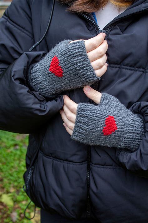 Fingerless Gloves Hand Knit Winter Gloves Heart Mittens Red Heart