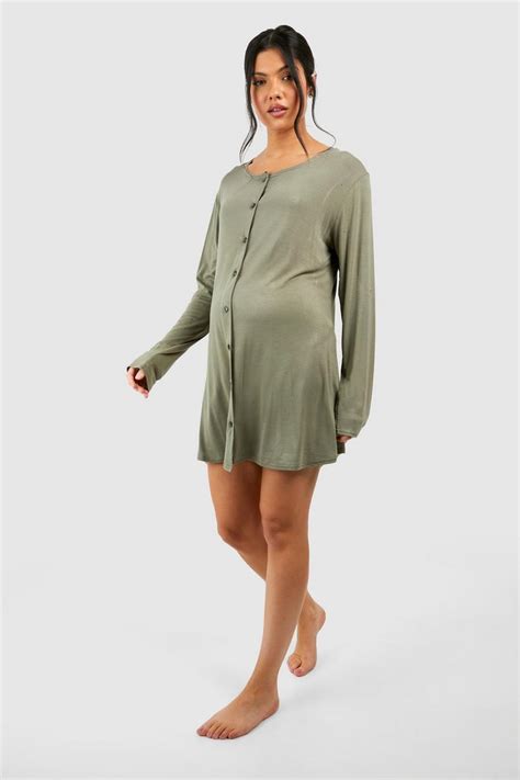 Maternity Long Sleeve Peached Jersey Button Down Nightie Boohoo Uk