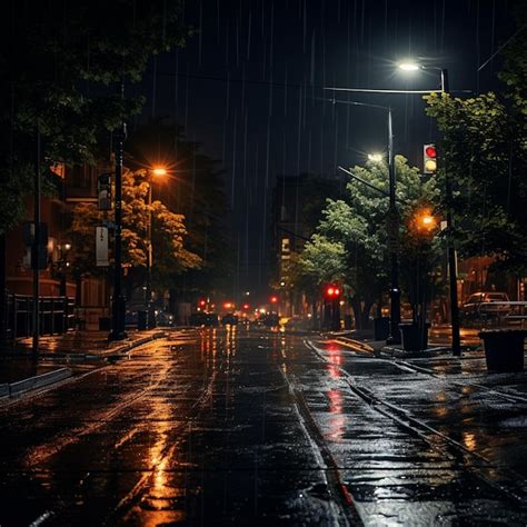 Premium AI Image | Rain on road street in dark night