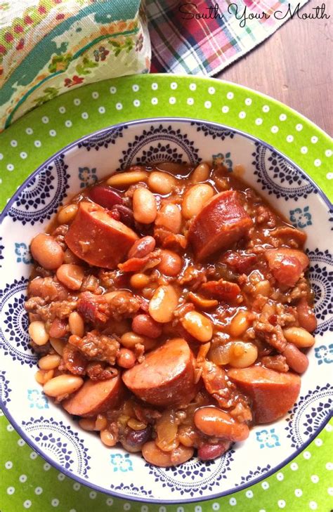 Three Meat Crock Pot Cowboy Beans BBQ Beans With Smoked Sausage