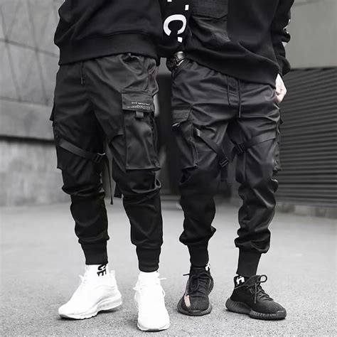 2020 Black Men Ribbon Cargo Pants Multi Pocket Harem Jogger Harajuku Sweatpants Casual Hip Hop