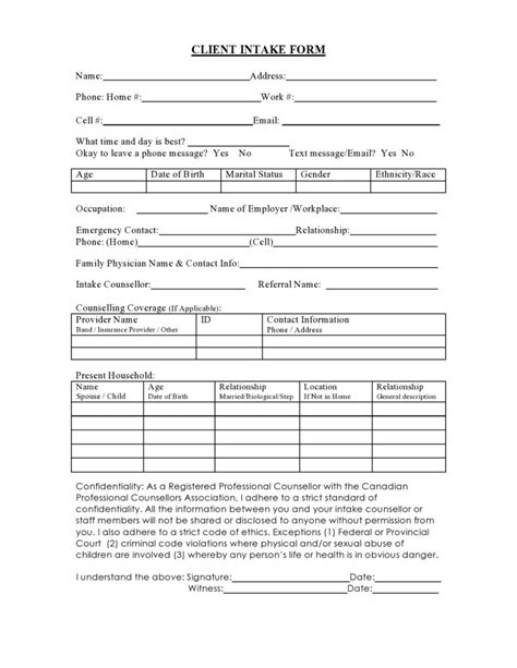 Printable Client Intake Form Template