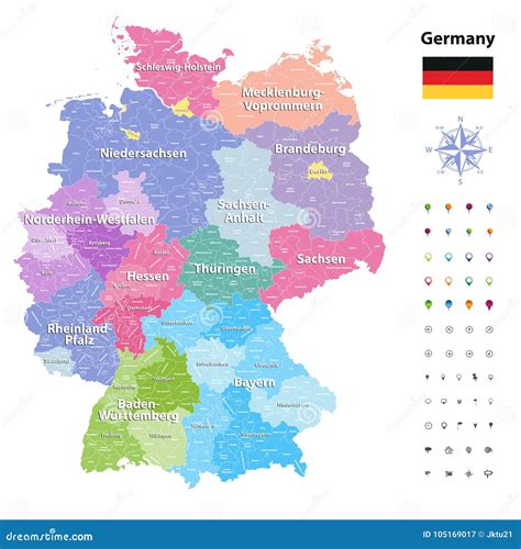 Mapa Del Vector De Alemania Coloreado Por Los Estados Y Los Distritos