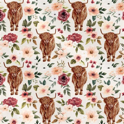 Highland Cow Floral Cream Hopland Fabrics