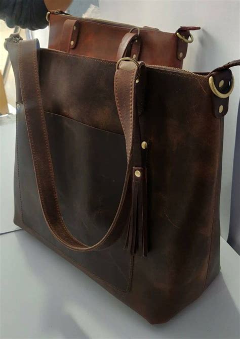 Brown Leather Tote Bag For Woman Large Work Purse Shopper Bag Handmade Office T For Mother