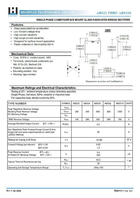 Abs Datasheet Single Phase Surface Mount Glass Passivated