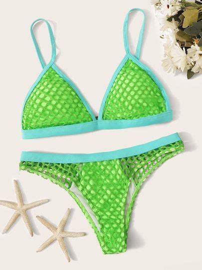 Fishnet Overlay Contrast Piping Triangle Bikini Set Triangle Bikini