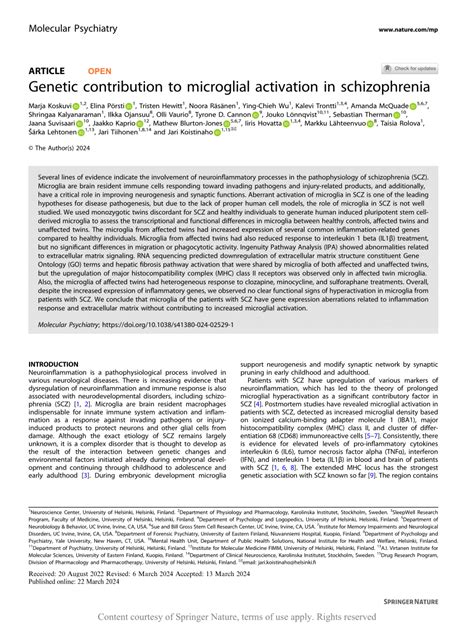 PDF Genetic Contribution To Microglial Activation In Schizophrenia