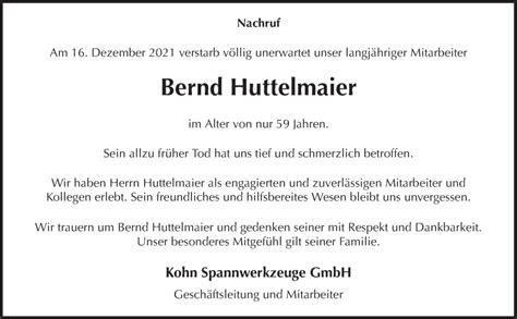 Traueranzeigen Von Bernd Huttelmaier Zvw Trauer