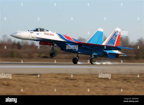 A Su 35s Jet Fighter Of The Russian Knights Aerobatics Team Of The Russian Air Force Landing