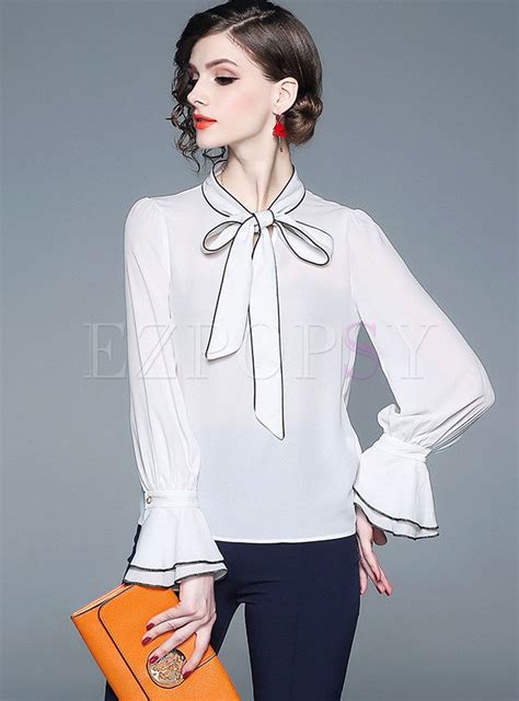 Tops Blouses Bowknot Tied Flare Sleeve Chiffon Blouse Flare Sleeves